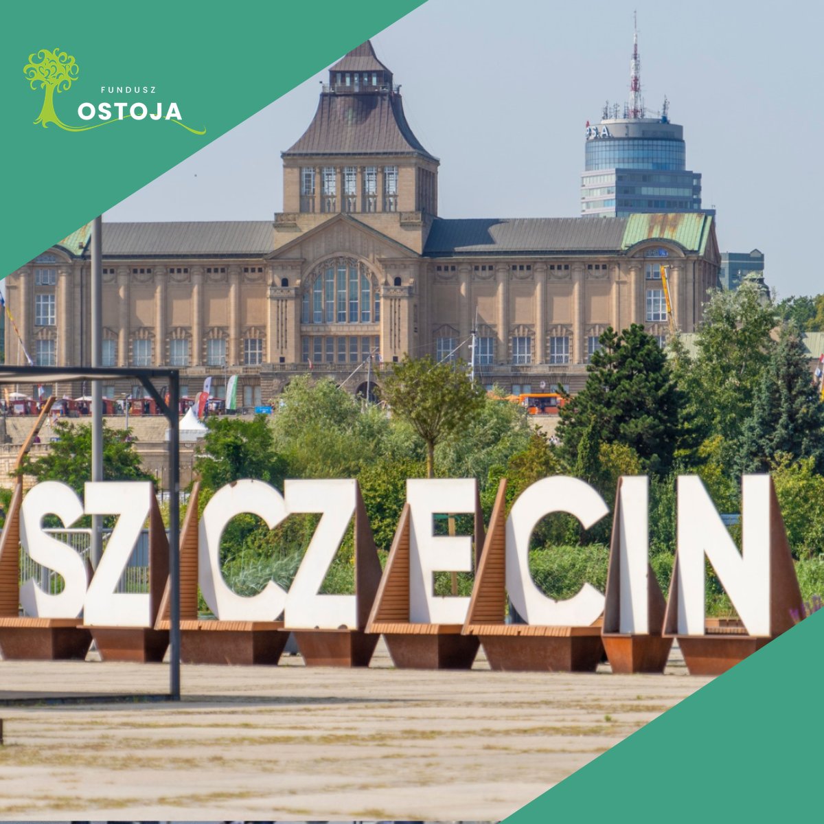 Szczecin — Wały Chrobrego i napis SZCZECIN nad Odrą